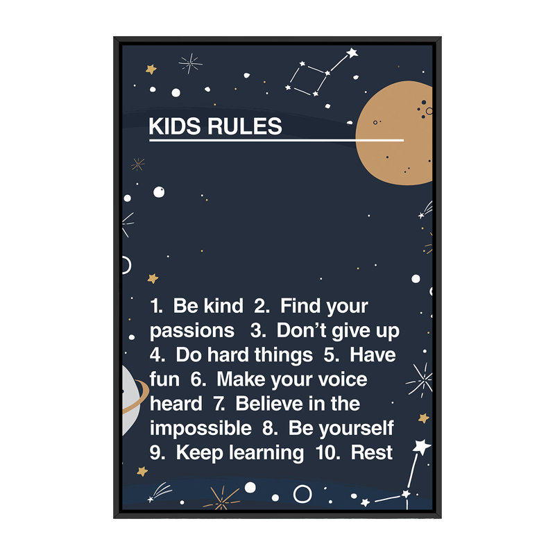 Kids Rules - impression d'art textuel, H 60 po x l 40po x P 1,5 po, Toile avec cadre noir, Pas de tapis