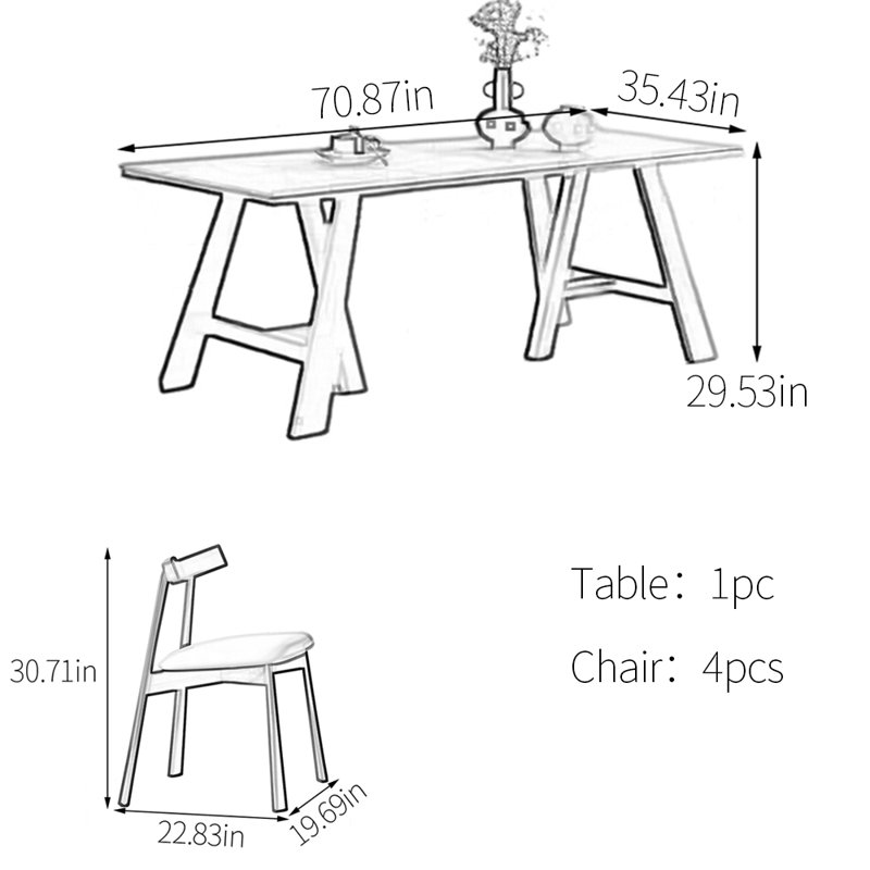 Ensemble de table de salle à manger unique en bois massif et en pierre frittée, H 29,53 po x L 70,87 po x l 35,43 po