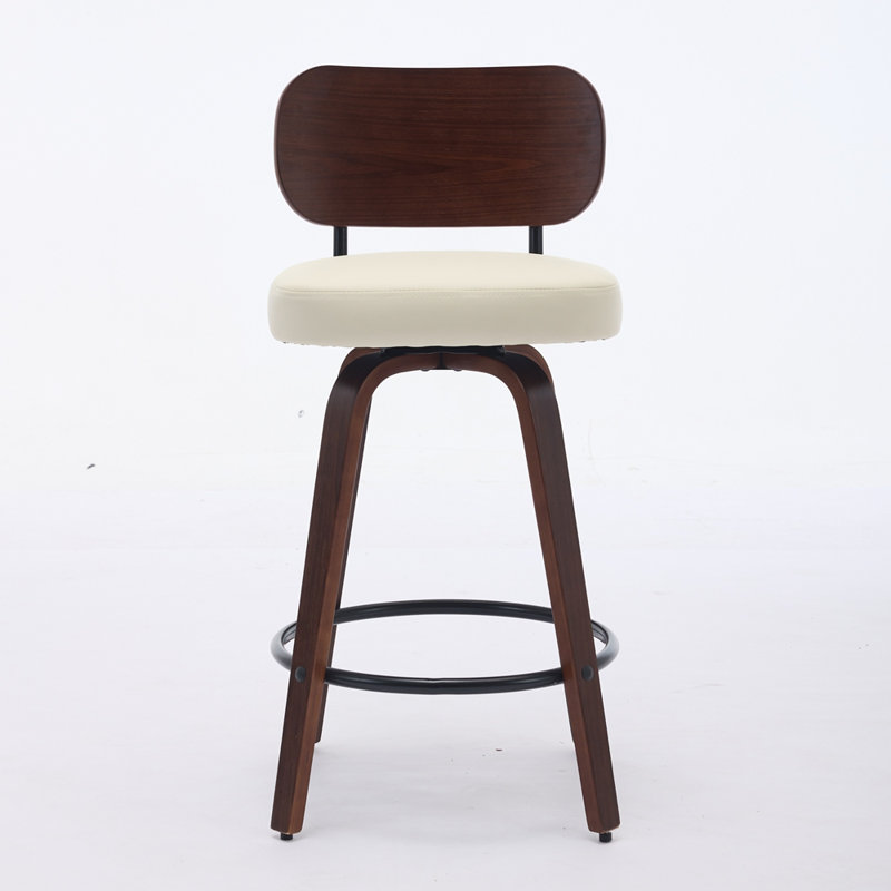26" Upholstered Faux Leather Counter Height Barstools with Walnut Back & Bentwood Legs, Beige