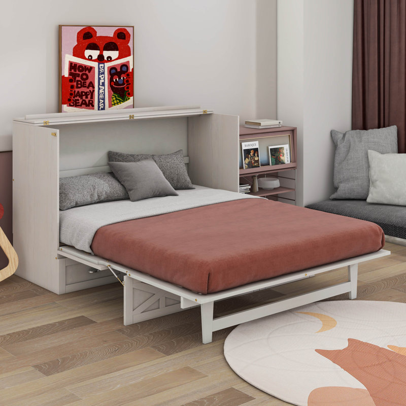 Murphy Bed With Large Drawers, Brushed White, Full