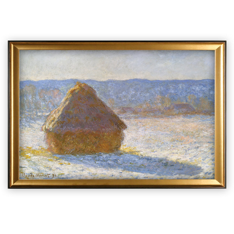 « haystack matin » par claude monet, reproduction de peinture à l’huile, H 28 po x l 38 po x P 1,5 po, Cadre doré, Blanc mat