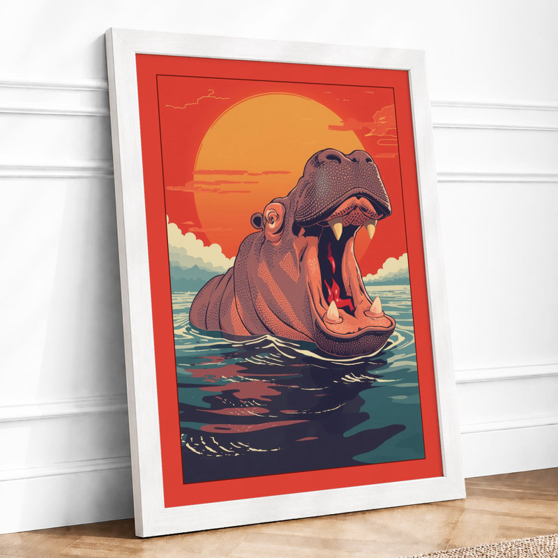 Hippopotamus Rising Retro - Framed Print, A4 - 29.7 x 21.0 cm, White