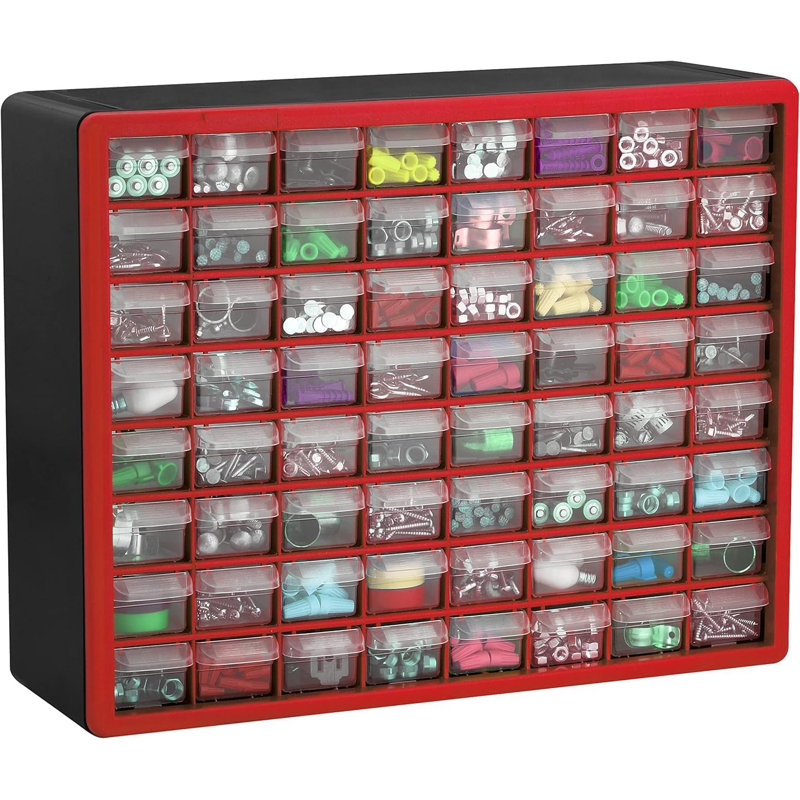 Red 64-Drawer Plastic Wall-Mounted Storage Organizer