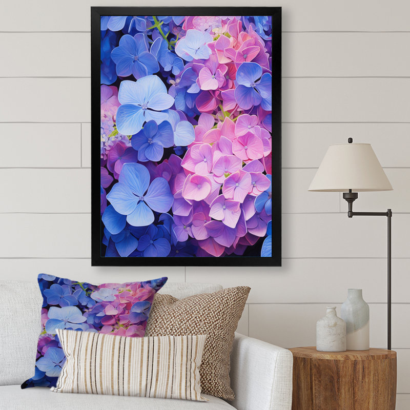 Reproduction sur toile d'hydrangées roses et mauves sur toile, Cadre photo noir, H 40 po x l 30 po x P 1,5 po