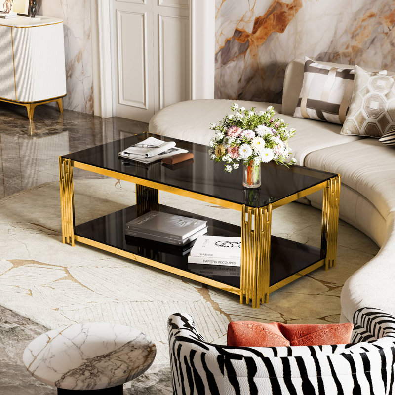 Table basse moderne en verre transparent avec base en métal asymétrique dorée - Table de salon rectangulaire de 47,5 po avec tablette inférieure
