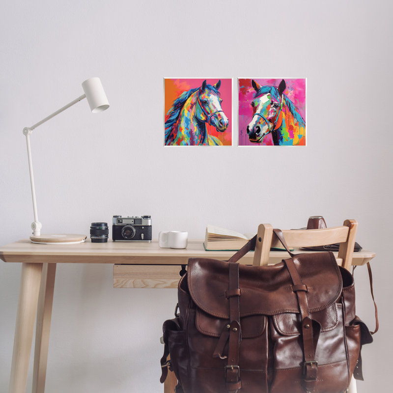 «Bright Neon Horse Portrait», ensemble de 2 plaques murales par Irena Orlov