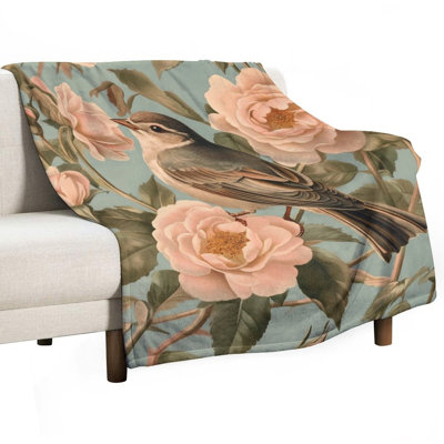 Bird Perched Among Pastel Roses Luxury Flannel Throw Blanket, Soft Warm Fuzzy Blanket for Living Room Sofa Bed Home Decor