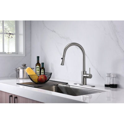 Euro Collection High-Arc Single Handle Kitchen Faucet with 2-Function Pull-Down Spout Sprayer - Brushed Nickel