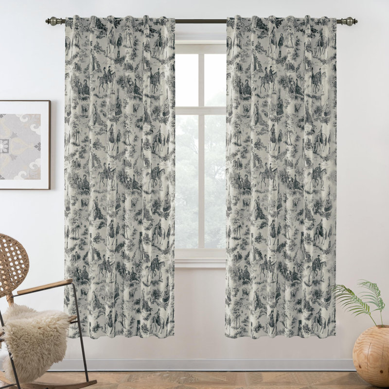 100% Blackout Toile Linen Curtains Farmhouse French Country Vintage Living Room Drapes  2 Panels, 52" W x 72" L, Black