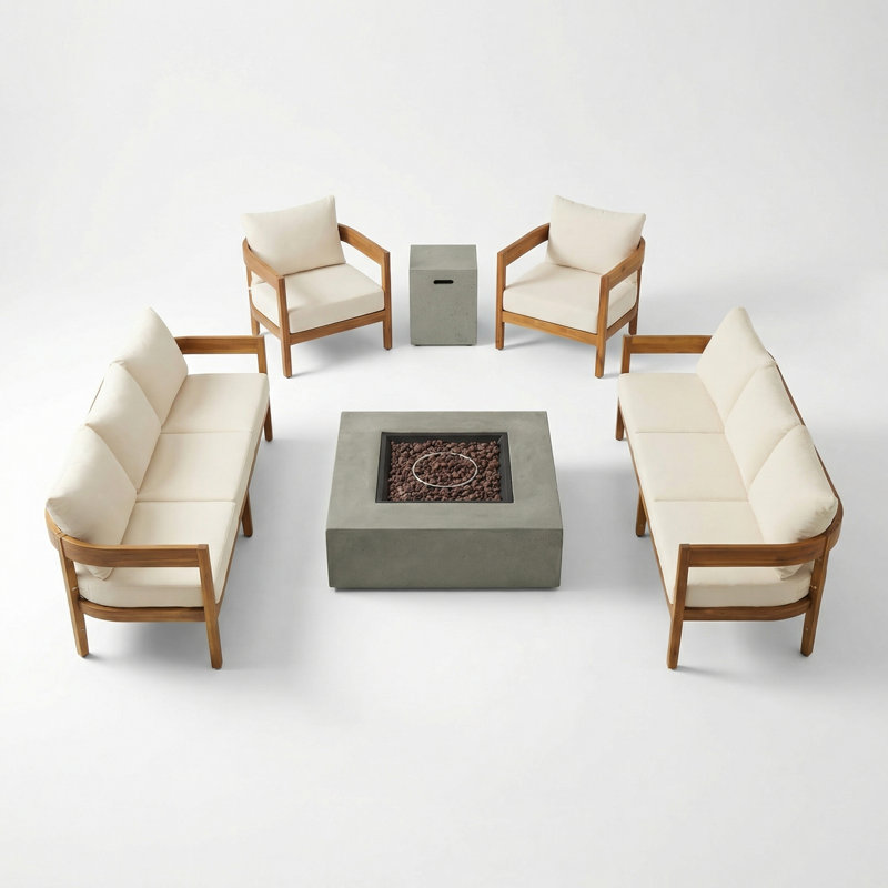 Ensemble de conversation d'extérieur en bois d'acacia moderne et minimaliste à 8 places Lorene avec foyer au propane de 50 000 BTU, conception à lattes et coussins hydrofuges