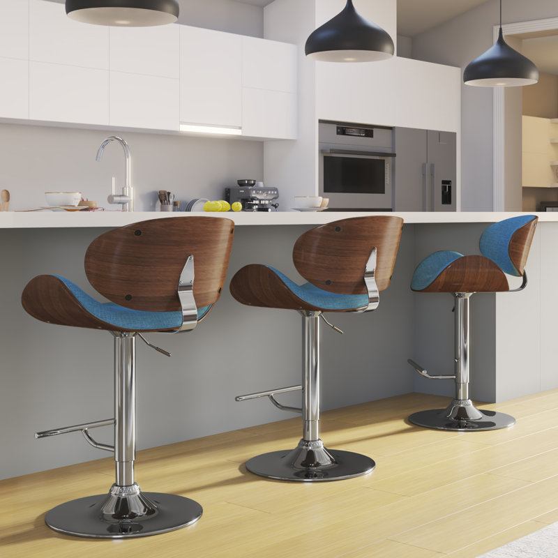 Blue Linen Adjustable Swivel Bar Stool with Wood Accents
