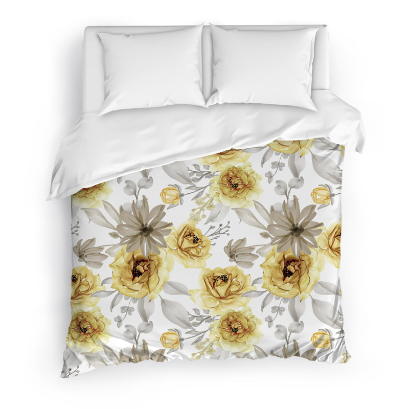 Gold Flowers Twill Duvet Cover, King Duvet Cover + 2 Pillow Cases