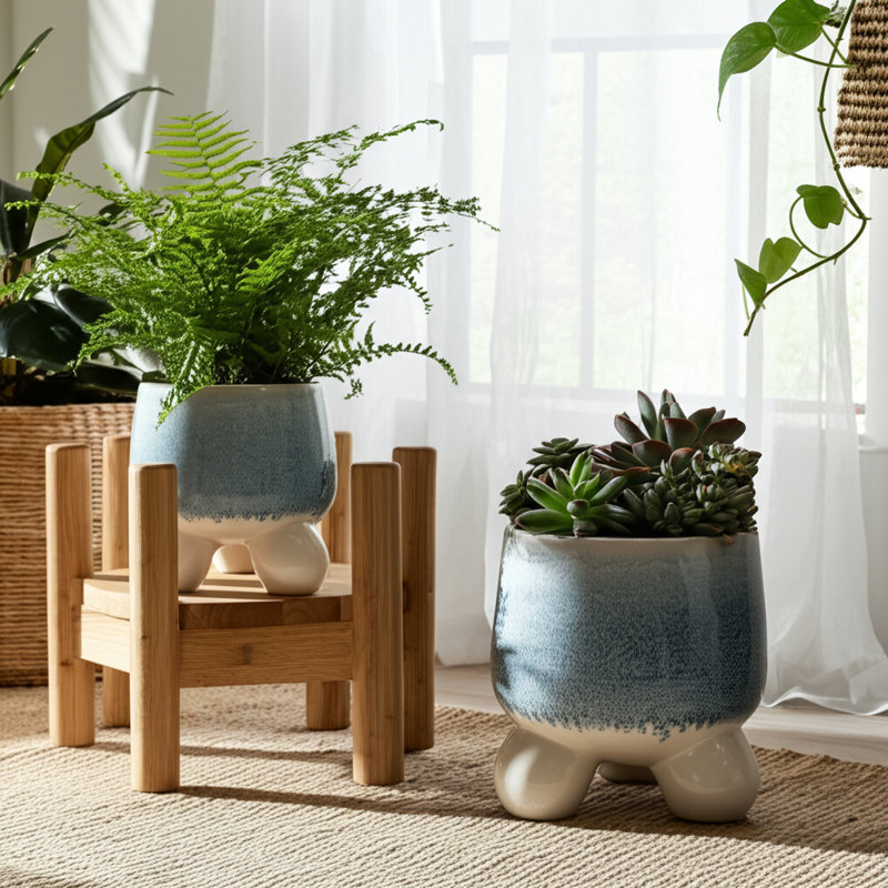 Ensemble de 2 pots à fleurs en grès avec base trépied