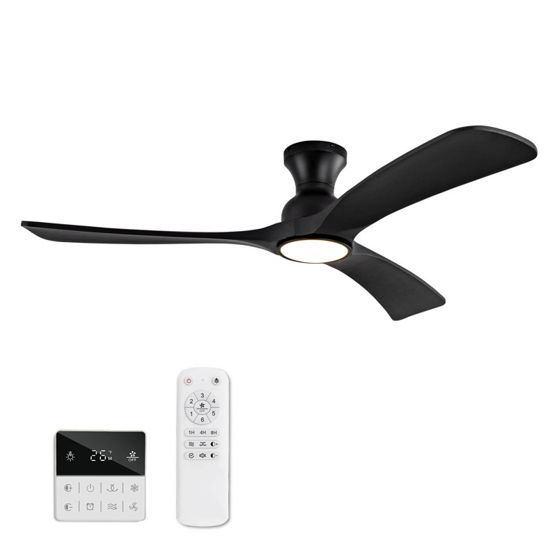 52 Inch Ceiling Fans with Lights and Remote Control, Outdoor Ceiling Fan for Patios, Black Ceiling Fan with Lights for Bedroom, Noiseless DC Motor, Dimmable Led 3 Solid Wood Blades