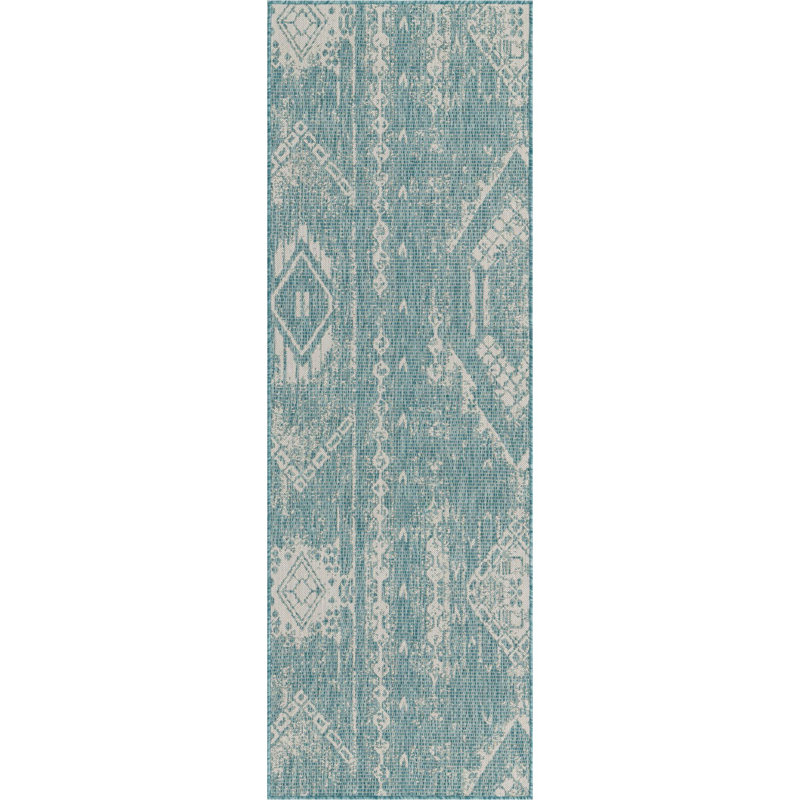 Tapis d'extérieur équivine de couleur turquoise-ivoire clair, Tapis de couloir 2 pi 7 po x 8 pi