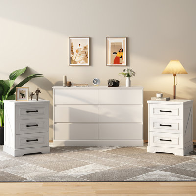 Dornisha 3 Piece Bedroom Set, 6 Drawer 47.2" W Double Dresser And Farmhouse Nightstand Set With Charging Station