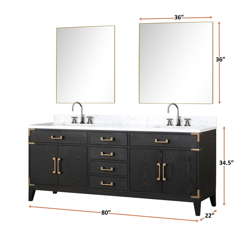 Laurel 80 in W x 22 in D Double Bath Vanity Mirrors with Faucet Set, White Carrara Marble, Black Oak