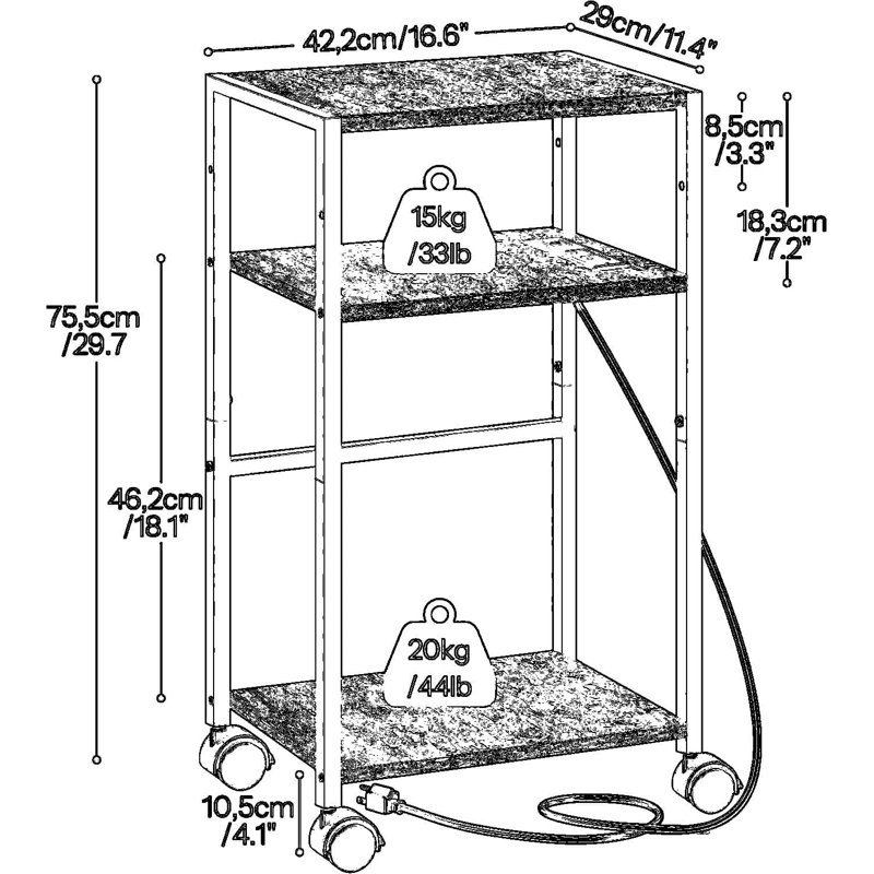 Support d'ordinateur à 3 niveaux avec station de charge, support mobile réglable pour tour d'ordinateur et imprimante, structure en métal robuste pour l'organisation du bureau à domicile