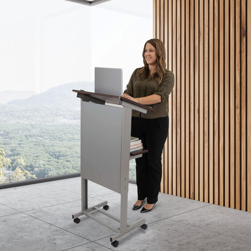 Adjustable Height Silver Frame Rolling Lectern with Walnut Shelves