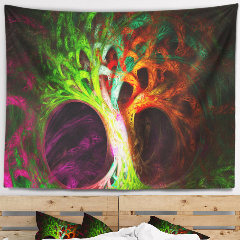 Tapisserie abstraite arbre magique vert psychédélique, H 68 po x l 80 po