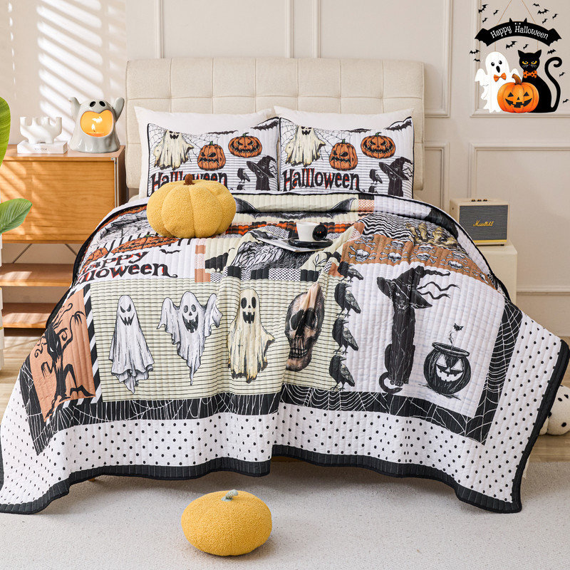Ensemble de courtepointe 3 pièces Halloween Patchwork, Courtepointe de grande taille et 2 taies décorati, Noir