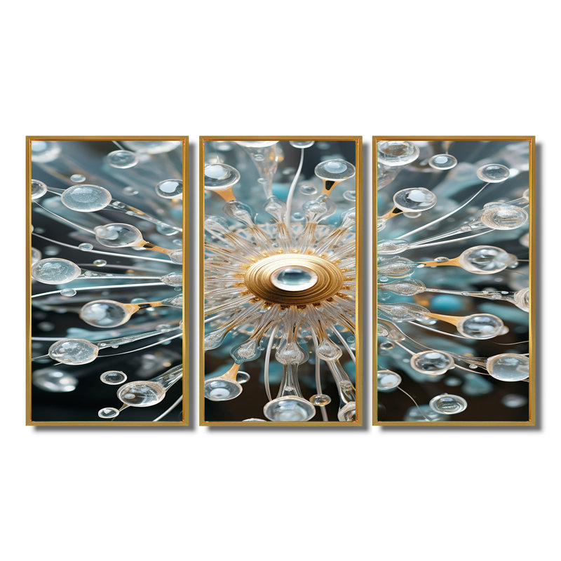 «Dew-Kissed Dandelion Water Droplets - Dandelion», ensemble de décorations murales, Cadre flottant doré