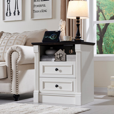 Burlington 26" Tall Nightstand with Charging Station, Farmhouse 23.6" Wide Large End Table w/Roman Column