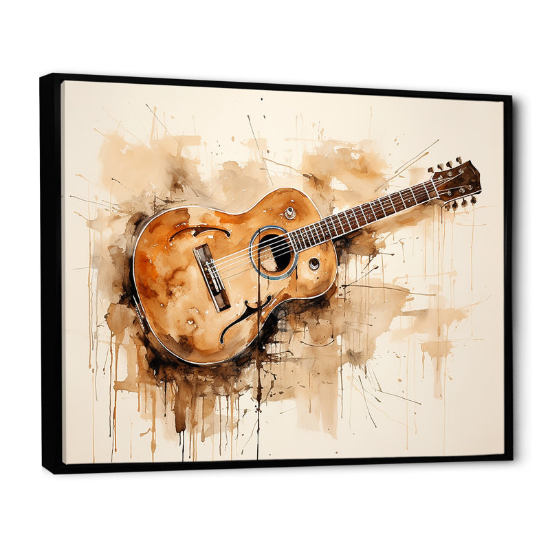 Guitare, simplicité, terreux brun II - musique, art mural, Cadre flottant noir, H 16 po x l 32 po