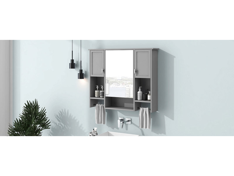 Armoire de rangement murale moderne 35 po x 28 po, armoire de salle de bain murale avec miroir, armoire à pharmacie avec barre à serviettes