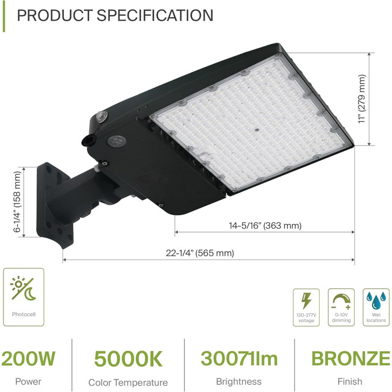 Et homologué UL pour zone de boîte à chaussures avec photocellule, luminaire 200W 30000LM 5000K à intensité variable, étanche IP66, 100-277V, support de bras inclus