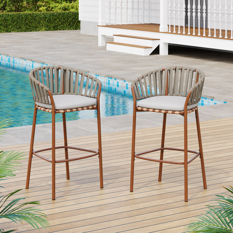Tabouret de bar d'extérieur en corde de métal, structure et coussin, ensemble de 2