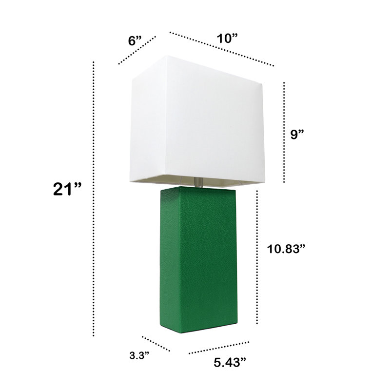 21" Leather Base Table Lamp with White Rectangular Linen Shade, Green, No, Clear