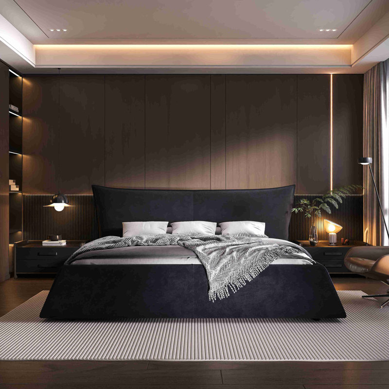 Upholstered Platform Bed With Special Shaped Velvet  Headboard Metal & Solid Wood Frame, Black, King