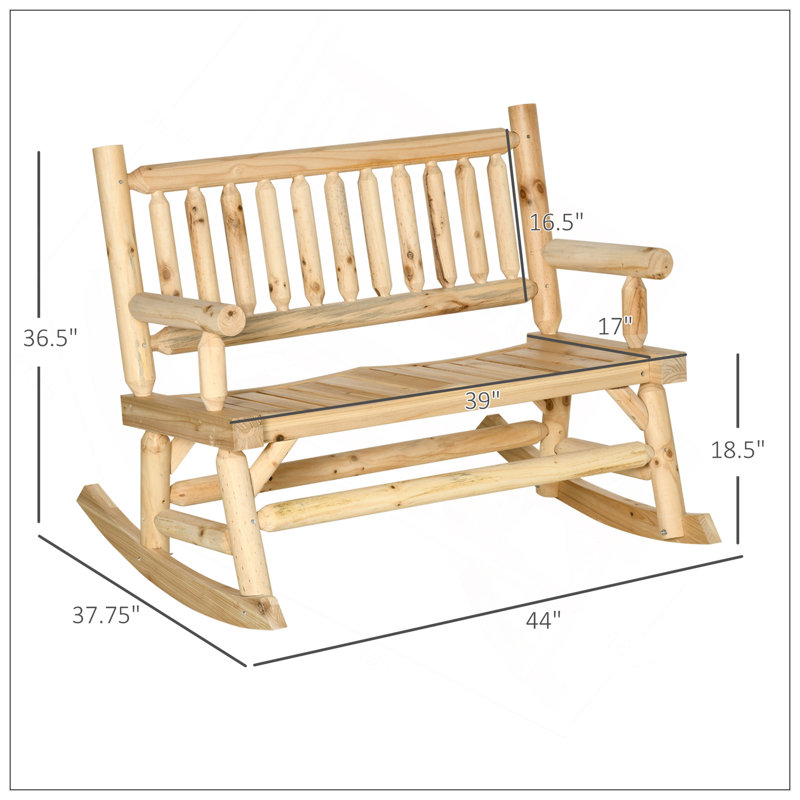 Chaise berçante en bois pour 2 personnes avec conception de bûches, causeuse robuste avec larges sièges courbés, Bois naturel