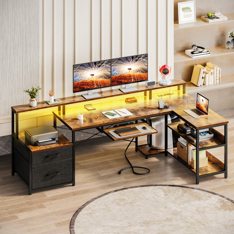 Sholpan LED L-Shaped Desk with Cabinet with Power Outlets, 35" H x 67.8" W x 39.4" D, Brown/Black