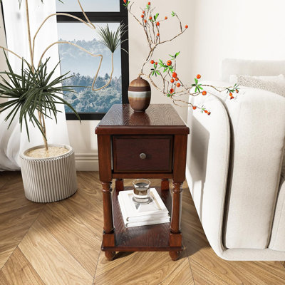 Solid Wood Narrow End Table With Drawer And Storage Shelf, Slim Sofa Side Table For Living Room Or Bedroom, Vintage Farmhouse Design, No-Tools Assembly