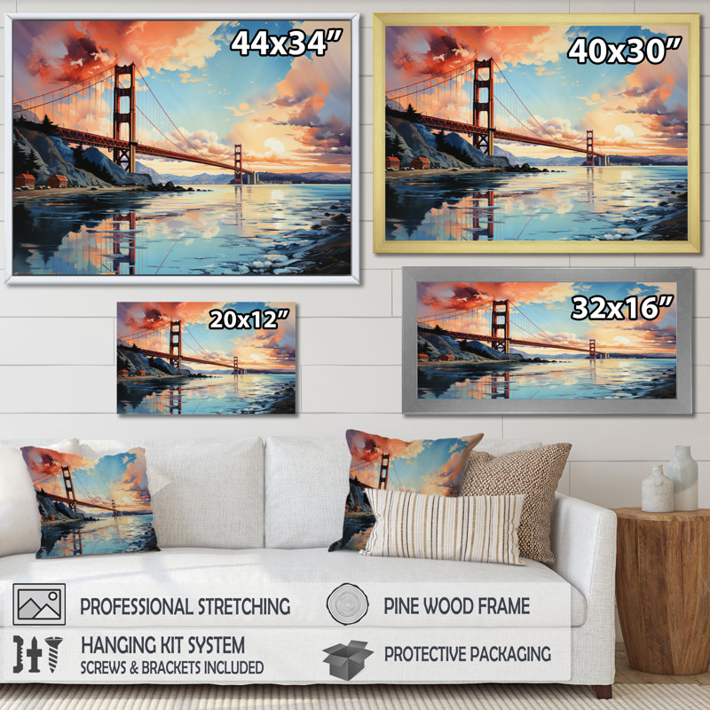 Ediva Orange Bridge Golden Gateway VI sur impression sur toile, H 12 po x l 20 po x P 1 po, Cadre flottant doré