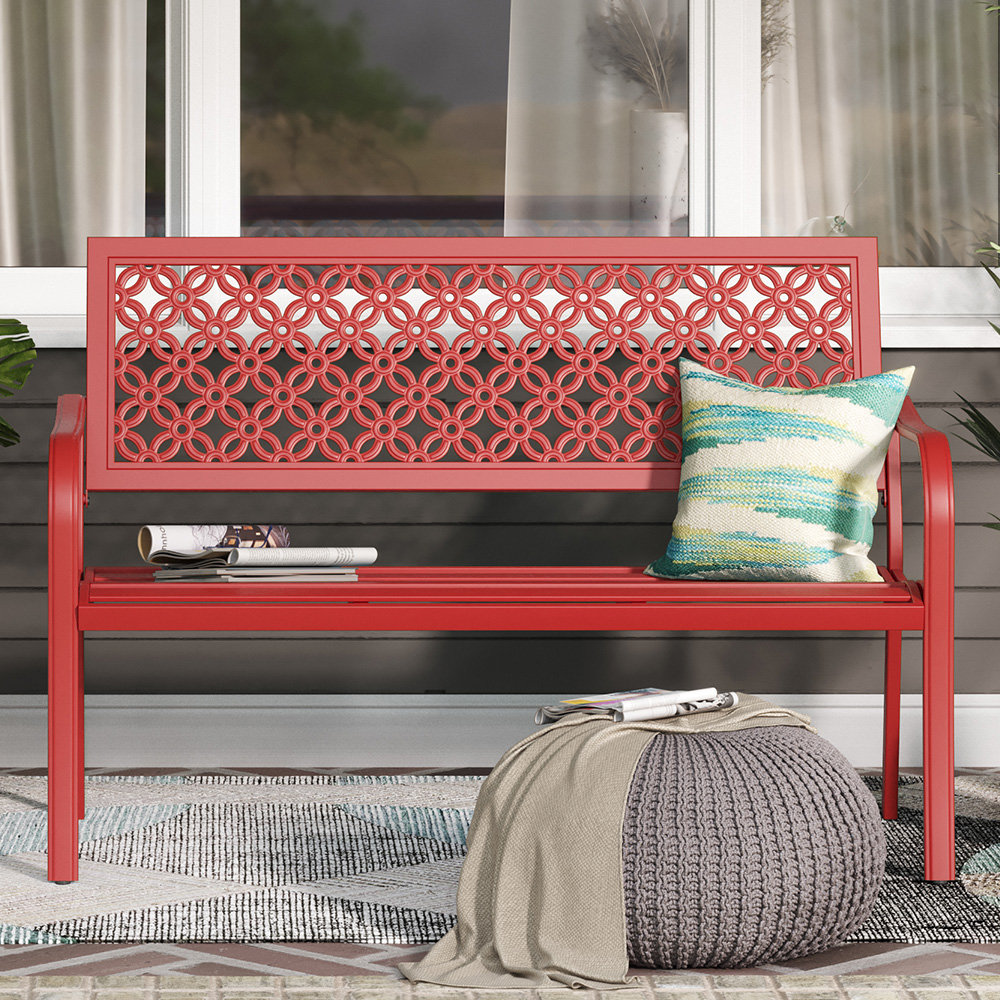 Roselynne Outdoor Steel Garden Bench with Carved Floral Back Red Barrel Studio® Color: Red