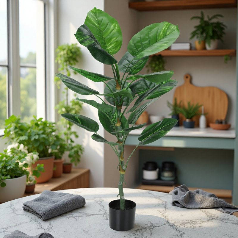 Arbre de 54 po artificiel de Dieffenbachia - plante de plancher artificielle Real Touch, peu d'entretien avec pot noir pour décoration d'intérieur
