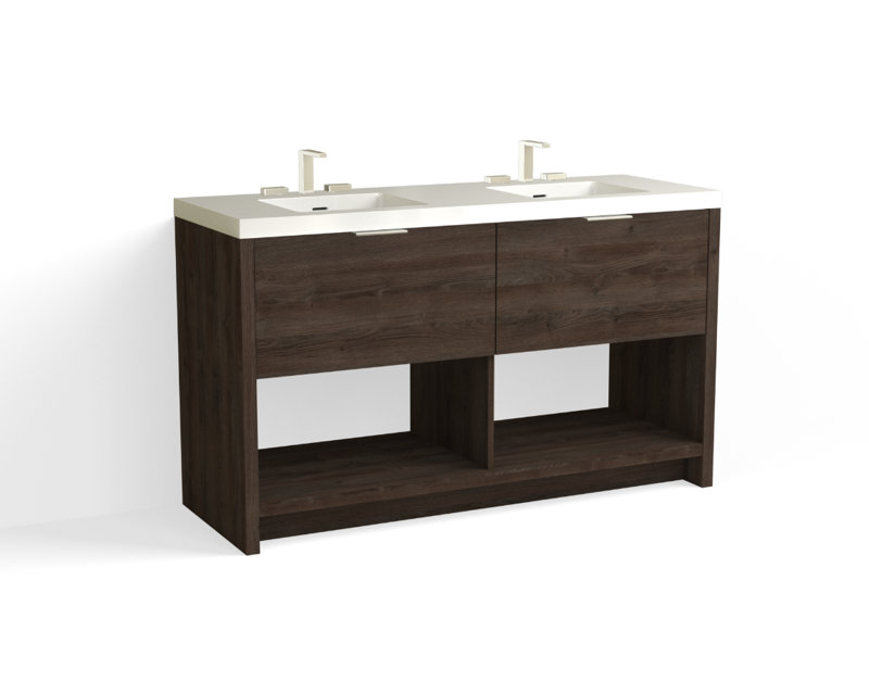 Vista 60" W Freestanding Double Bathroom Vanity, White Gloss, Nimbus/Satin Nickel, 8" Widespread