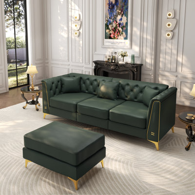 81.5" Light Luxury 3-Seater Modular Chesterfield Sofa, Faux Leather Couch with Handmade Button Tufted, Metal Trim Armrests & Thin Metal Legs, Includes