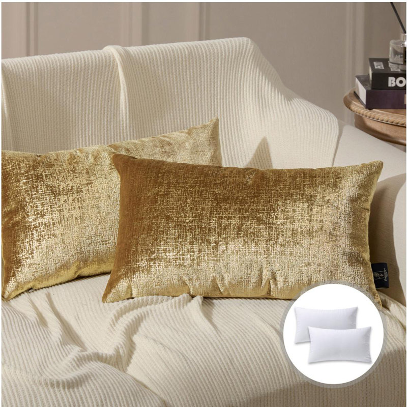 Gold Textured Velvet Throw Pillow, Decorative Cushions for Sofa Bed, Polyester, Rectangle 12"H x 20"W, Gold
