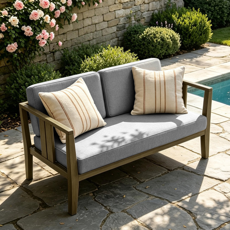 Causeuse d'extérieur en bois de teck avec coussin et accoudoirs Junco, Gris, Brun