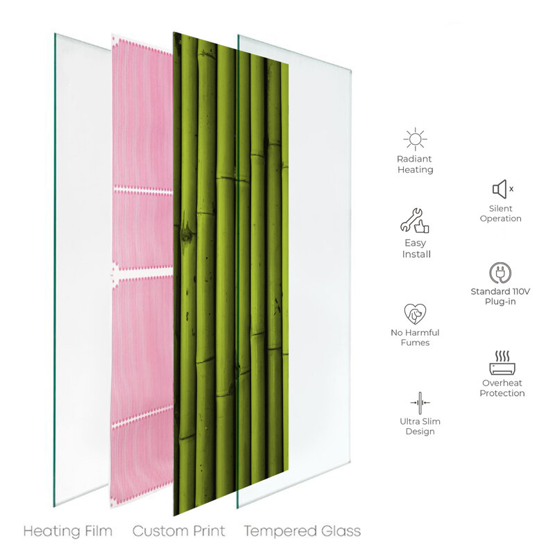 Straight Bamboo Glass Print Vertical Electric Towel Warmer