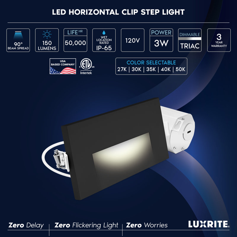 Éclairage de marches à pince DEL Luxrite, 5CCT, 3W, 150LM, faisceau 90 °, intensité variable, 120V, IP65, couvercle de plaque interchangeable, intérieur / extérieur, noir