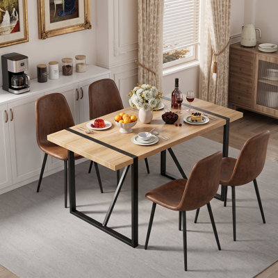 55" Modern Industrial Rectangular Wood Dining Table Set with Upholstered Chairs