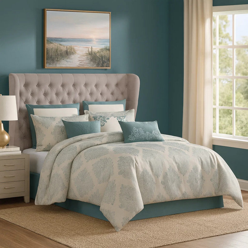 Regy , Blue Gray Medallion, King Comforter + 5 Euro/King Shams