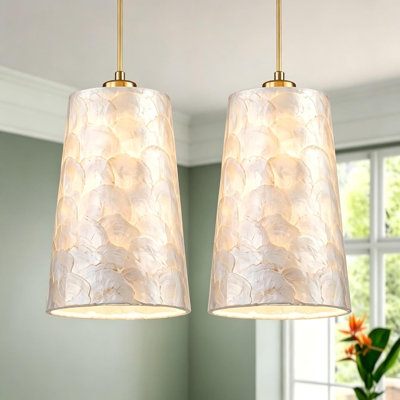2-Pack Capiz Shell Chandelier, Coastal Design Light Fixture for Dining Room, Kitchen Island, D7xH18~66inch(Adjustable Height), Shell Lampshade & Gold Finish