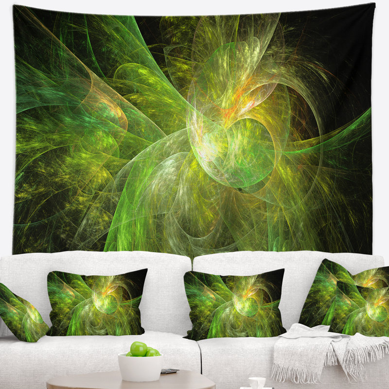 Illustration abstraite verte sur tapisserie fractale noire, H 32 po x l 39 po