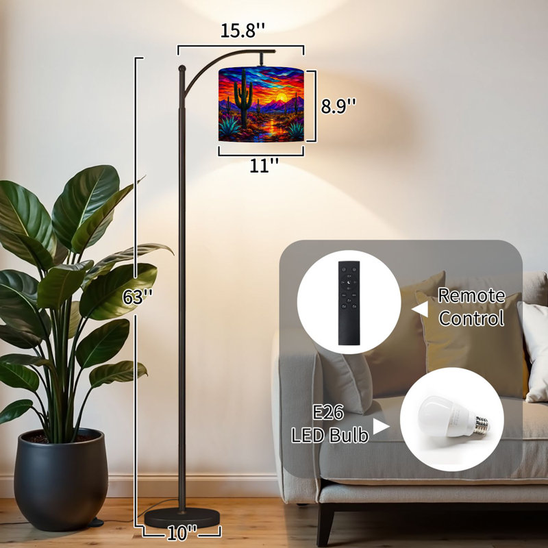 Lampe sur pied à arc avec abat-jour réglable Saguaro Sunset Arizona Cactus bleu sarcelle orange sur pied Saguaro Lampe sur pied 3 températures de couleur à intensité variable Lampe sur pied avec interrupteur au pied pour la chambre à coucher